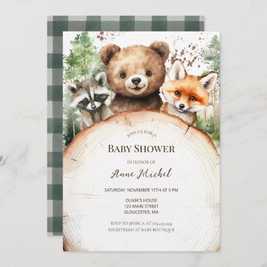 森林動物の赤ちゃんシャワー 招待状 (正面/裏面)