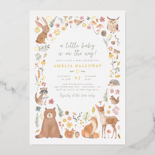 森林動物の赤ちゃんシャワー 箔招待状 (正面)