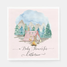 森林動物の鹿がピンクの赤素朴ちゃんシャワーを持つ スタンダードランチョンナプキン