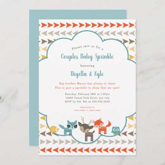 森林動物はベビーを振りかけますつなぎます 招待状 (正面/裏面)