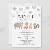 森林動物ウィンターワンダーランド誕生日 招待状 (正面)