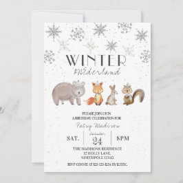 森林動物ウィンターワンダーランド誕生日 招待状