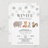 森林動物ウィンターワンダーランド誕生日 招待状 (正面/裏面)