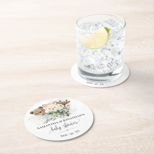 森林動物ウッドランド緑の赤ちゃんシャワー ラウンドペーパーコースター (インサイチュ)