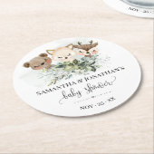 森林動物ウッドランド緑の赤ちゃんシャワー ラウンドペーパーコースター (アングル)