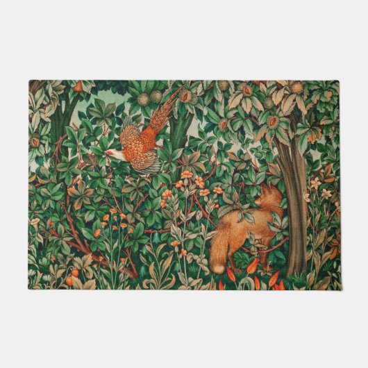 森林動物キジ赤キツネ、緑フローラ ドアマット (正面)