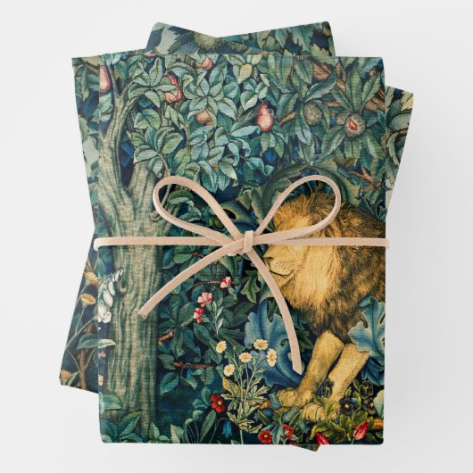 森林動物キジ,キツネ,ライオン,ウサギ,緑のフローラ ラッピングペーパーシート (インサイチュ)