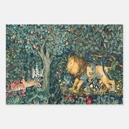 森林動物キジ,キツネ,ライオン,ウサギ,緑のフローラ ラッピングペーパーシート (正面)