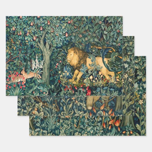 森林動物キジ,キツネ,ライオン,ウサギ,緑のフローラ ラッピングペーパーシート (セット)