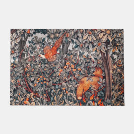 森林動物キジ，キツネ,白黒赤フローラ ドアマット