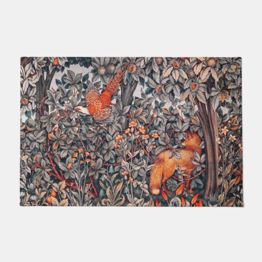 森林動物キジ，キツネ,白黒赤フローラ ドアマット (正面)