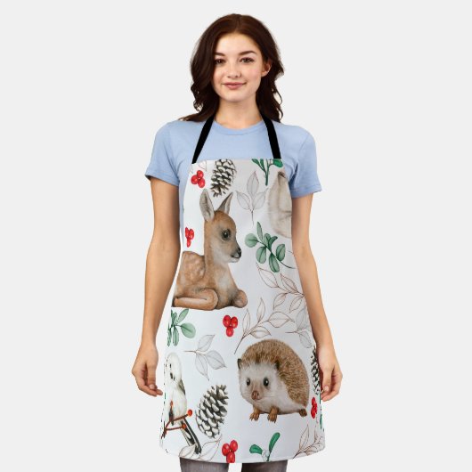 森林動物クリスマスパターン北欧 エプロン (着用した状態)