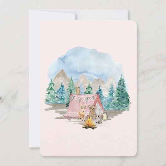 森林動物ディアベアフローラガールベビーシャワー 招待状 (裏面)