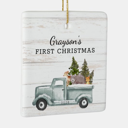 森林動物トラック写真ベビーの初めてのクリスマス セラミックオーナメント (右)