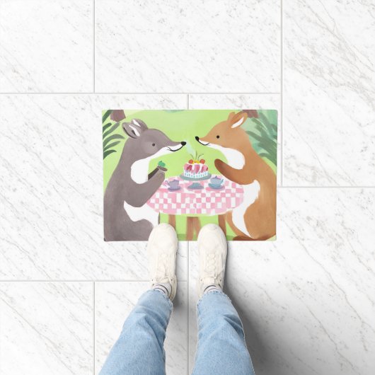 森林動物ピクニック | 可愛お洒落い水色 ドアマット (室内)