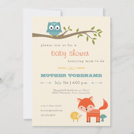 森林動物ベビーシャワー招待状-フクロウ、キツネ 招待状 (正面)