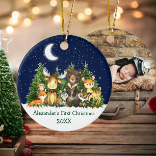 森林動物ベビー初めてのクリスマス – フォトバック セラミックオーナメント