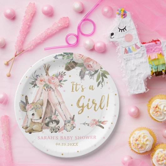 森林動物ボホ族の少女ベビーシャワー  ペーパープレート (パーティー)