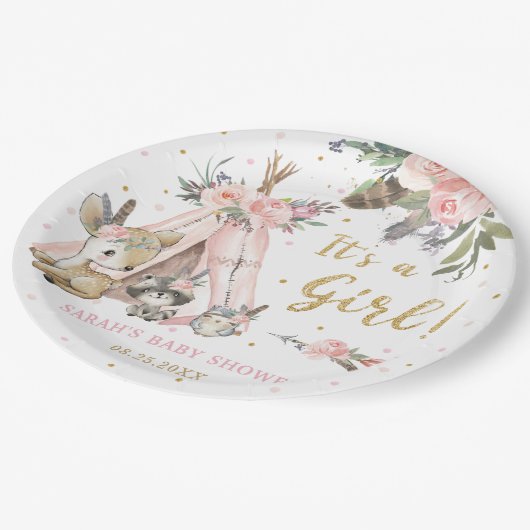 森林動物ボホ族の少女ベビーシャワー  ペーパープレート (アングル)