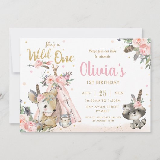 森林動物ボホ族野生1歳の誕生日 招待状 (正面)