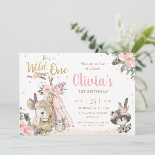 森林動物ボホ族野生1歳の誕生日 招待状 (スタンド正面)