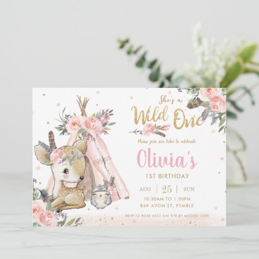 森林動物ボホ族野生1歳の誕生日 招待状 (スタンド正面)