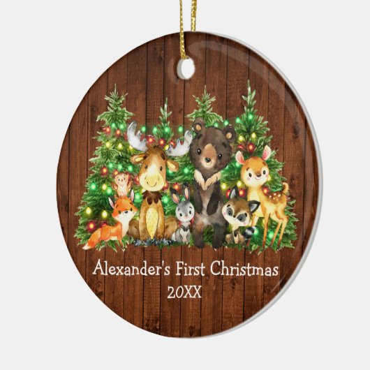 森林動物ライトベビー初めてのクリスマス写真 セラミックオーナメント (左)