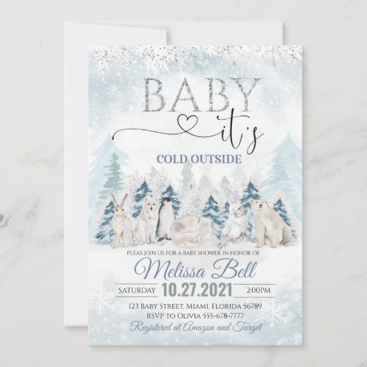 森林動物北極動物冬の赤ちゃんシャワー 招待状 (正面)