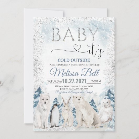 森林動物北極動物冬の赤ちゃんシャワー 招待状 (正面)