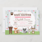森林動物春か夏の女の子のベビーシャワー 招待状 (正面)