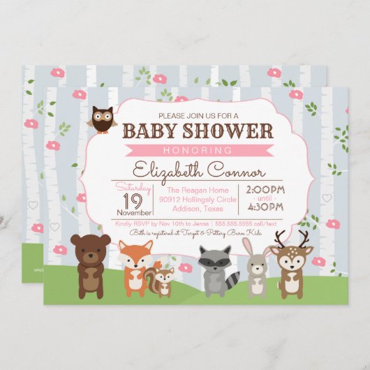 森林動物春か夏の女の子のベビーシャワー 招待状 (正面/裏面)