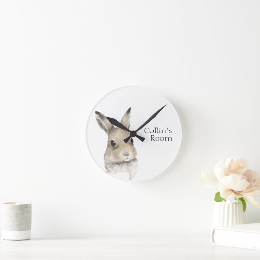 森林動物水彩バニーネーム子供部屋 ラウンド壁時計 (ホーム)