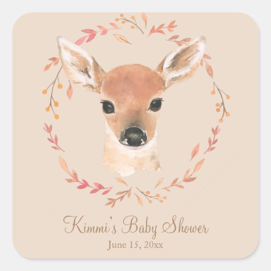 森林動物水彩赤ちゃんミニマルシャワー スクエアシール (正面)