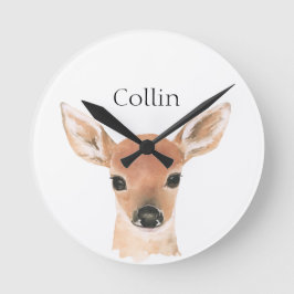 森林動物水彩鹿名子供部屋 ラウンド壁時計