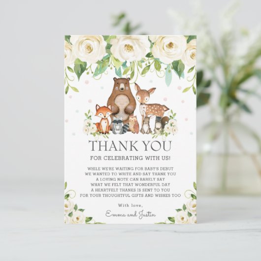 森林動物白アイボリーフローラのベビーシャワー サンキューカード (スタンド正面)
