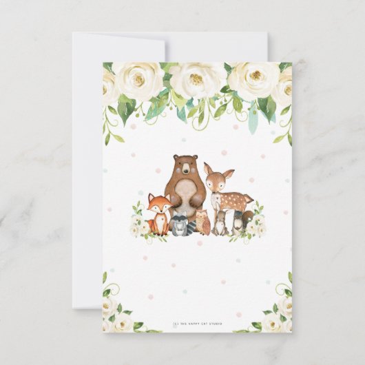 森林動物白アイボリーフローラのベビーシャワー サンキューカード (裏面)