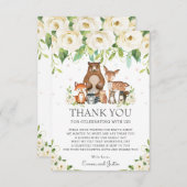 森林動物白アイボリーフローラのベビーシャワー サンキューカード (正面/裏面)
