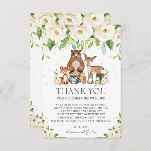 森林動物白アイボリーフローラのベビーシャワー サンキューカード (正面/裏面)