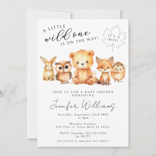 森林動物秋男の赤ちゃんシャワー 招待状 (正面)