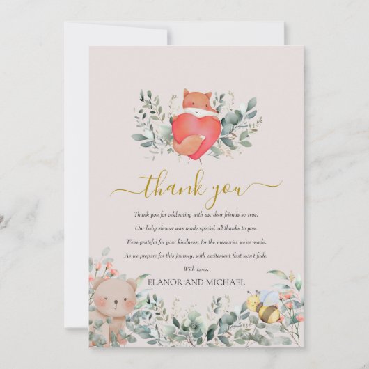 森林動物素朴ボホウォーター色ハート サンキューカード (正面)