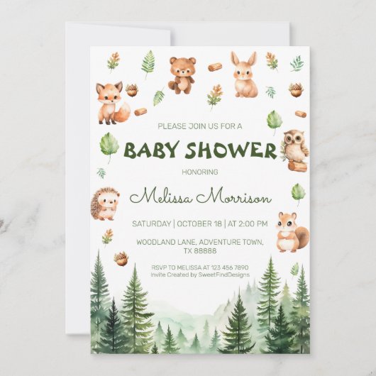 森林動物素朴男の赤ちゃんシャワー 招待状 (正面)