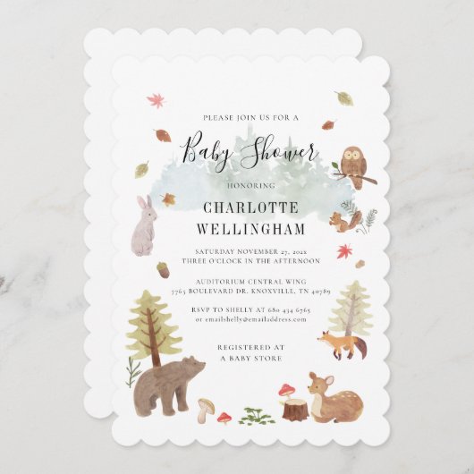 森林動物素朴赤ちゃんシャワー 招待状 (正面/裏面)