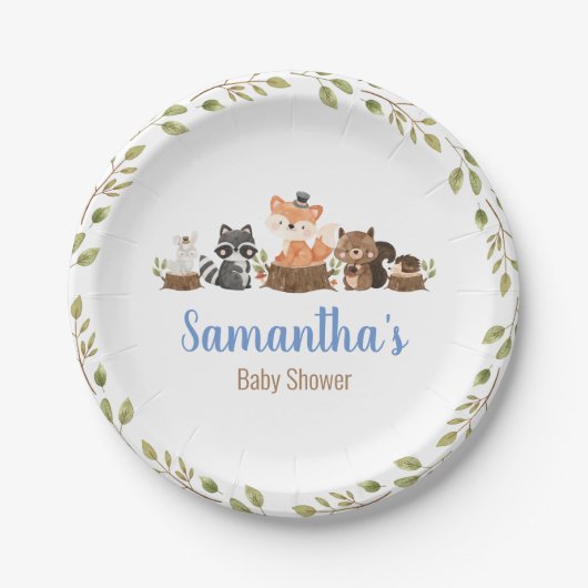 森林動物緑の水彩ベビーシャワー ペーパープレート (正面)