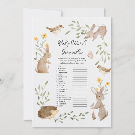 森林動物赤ちゃんシャワー単語スクランブルゲームカード 招待状 (正面)