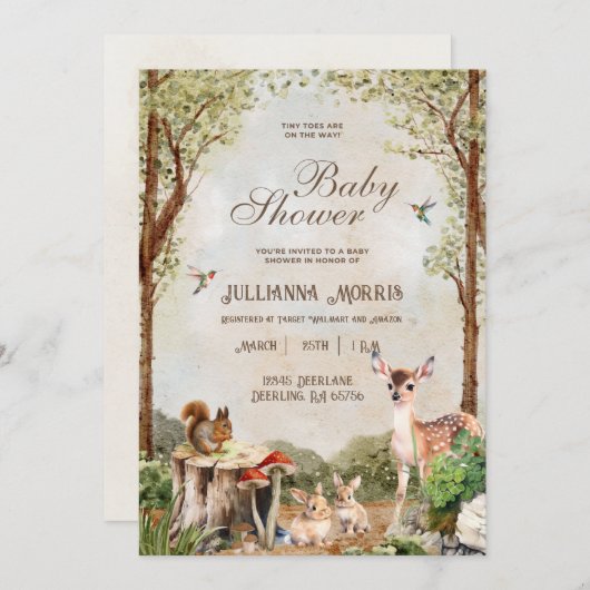 森林動物赤ちゃんシャワー招待状男の子または女の子 招待状 (正面/裏面)