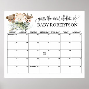 森林動物赤ちゃんシャワー推定期日カレンダー ポスター