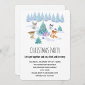 森林動物踊りのまわりにクリスマスツリーパーティー 招待状 (正面/裏面)
