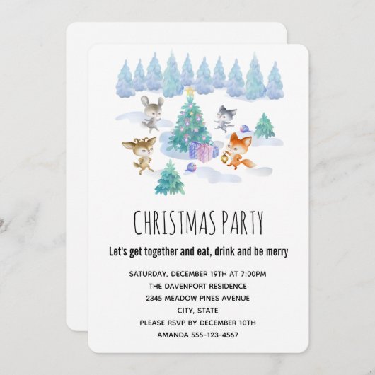 森林動物踊りのまわりにクリスマスツリーパーティー 招待状 (正面/裏面)