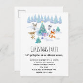 森林動物踊りのまわりにクリスマスツリー インビテーションポストカード (正面/裏面)