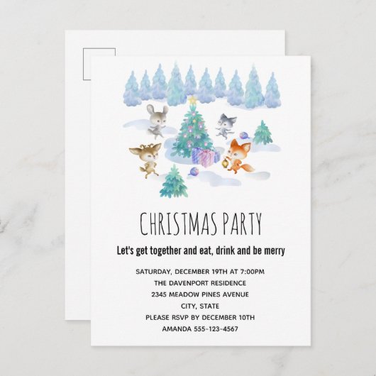 森林動物踊りのまわりにクリスマスツリー インビテーションポストカード (正面/裏面)